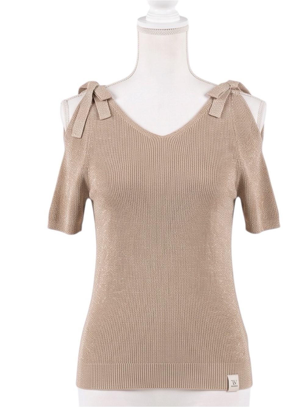 Chico's Shine Mix Shoulder Tie Pullover Sweater Gold Metallic Knit Size 1 Medium